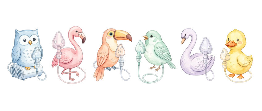 Cute birds nebulizer inhaler illustration set featuring owl, flamingo, toucan, duck and swan using medical oxygen masks for pediatric respiratory therapy and veterinary care on a black background.