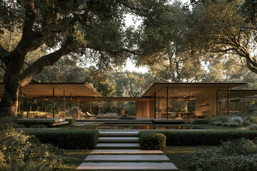 Fototapeta premium Modern villa with glass walls surrounded by large trees and lush garden, creating peaceful and sophisticated outdoor living