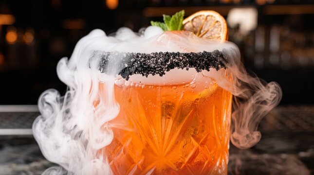 Halloween cocktail with dry ice smoke in glass with black salt rim. Orange alcoholic beverage for party celebration. Spooky themed drink served at bar. Festive beverage glass refreshment