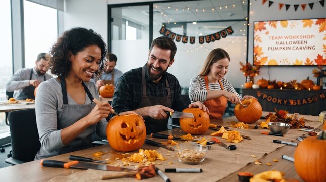 Office team carving pumpkins during Halloween workshop. Colleagues smiling while working together on holiday decoration. Corporate event with festive atmosphere and pumpkin art project