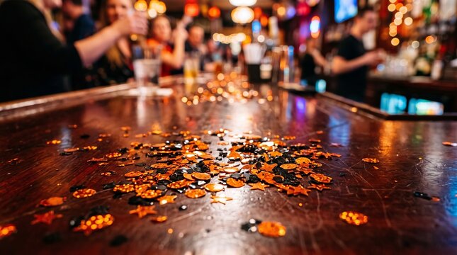 Orange and black confetti scattered on a bar counter during a Halloween party. Blurred people in a pub celebrating the holiday in a festive atmosphere. Vibrant event decoration