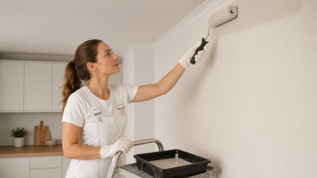 Young woman painting interior wall with roller during home renovation project. concept of diy home improvement, home decor, interior design updates, personal project