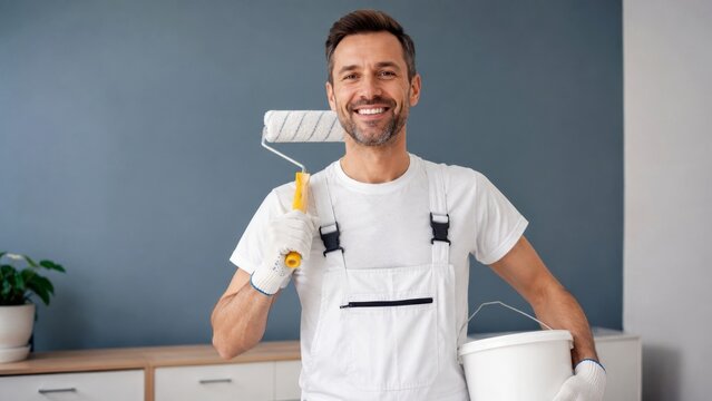 Smiling caucasian male house painter holding paint roller and bucket in modern home interior. concept of home renovation, professional painting services, diy projects.