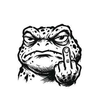 Funny vector illustration of a grumpy toad showing a rude middle finger gesture in a bold silhouette