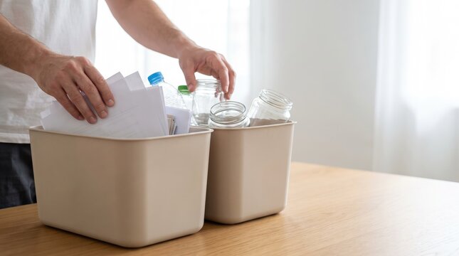 Close-up of person placing recyclable items into sorting bins