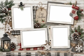 Obraz premium Scrapbook photo album collage with blank frame for Christmas memory. Festive template with holiday decoration, pine cone, lantern and copy space on white rustic wooden background layout