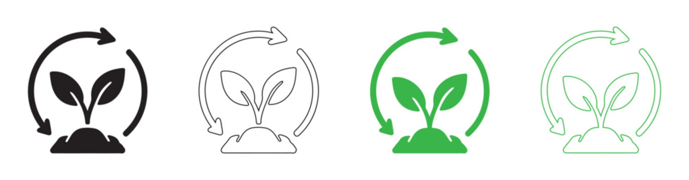 Green sprout growing from soil with recycling arrows in clean flat design vector icon