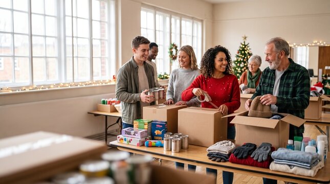 Diverse group of smiling volunteers collaboratively sorting and packing essential items into donation boxes, showcasing community spirit and dedicated charitable work