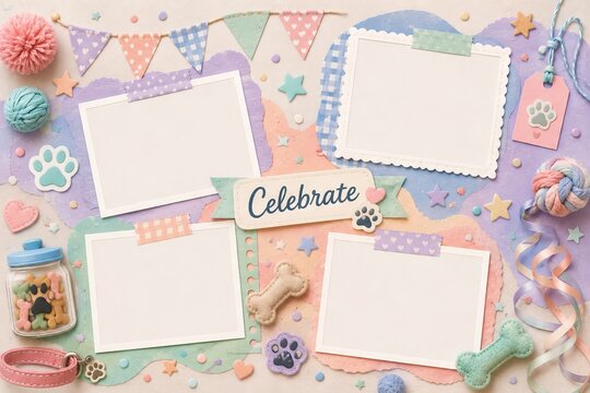 Scrapbook photo album page template with collage frames and festive pet theme. Empty paper cards for picture placement decorated with stickers and ribbons. Creative background concept