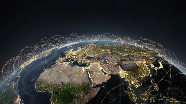 Global digital connectivity and communication network over illuminated world map at night with data flow lines