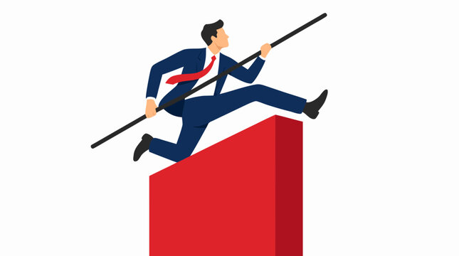 Flat illustration of businessman in navy suit leaping over tall red barrier with pole vault, bold flat colors, clean isolated background, business success concept vector graphic