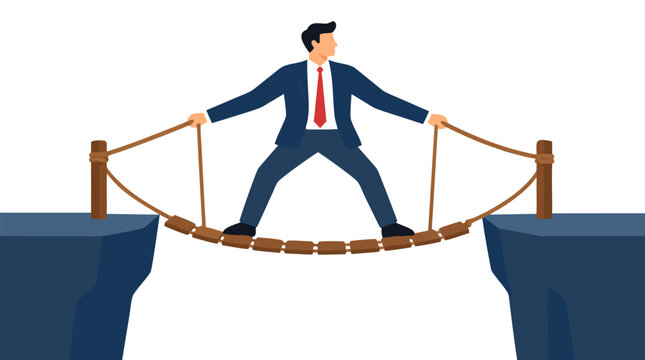 Businessman in suit carefully crosses a fragile wooden rope bridge stretched across a wide chasm between two cliff platforms, bold flat colors, risk concept illustration, challenge and determination