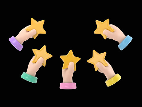 People Characters Giving Five Star Feedback.Clients Choosing Satisfaction Rating and Leaving Positive Review.3D rendering on black Screen for footage and clipping path.