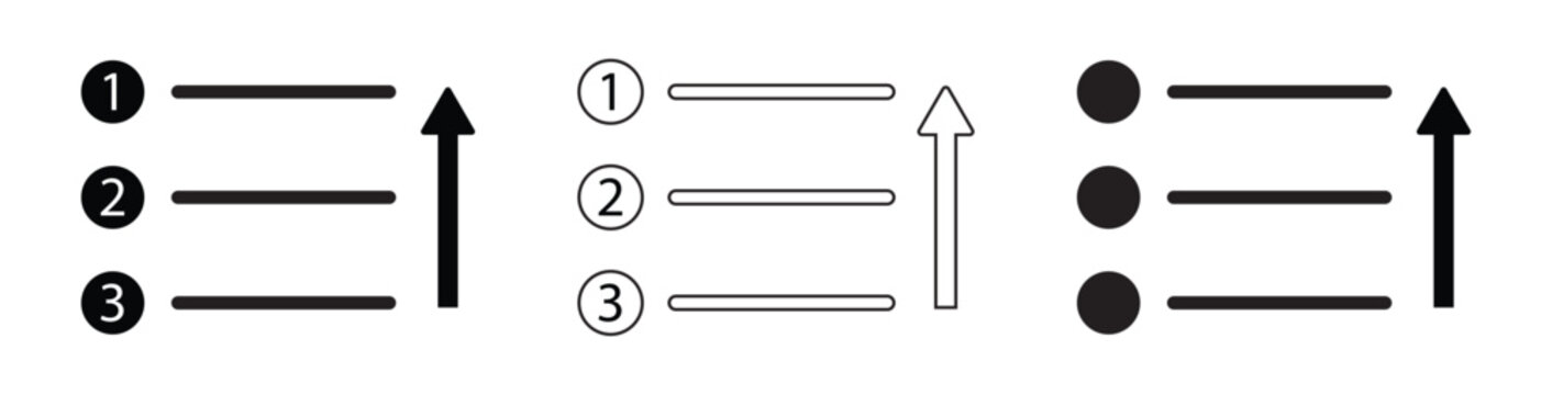 Numbered list icons with upward arrow indicating progress and options in simple vector style