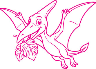 Pterodactyl cartoon character flies through the air while holding a large tropical monstera leaf in its mouth. © Rokibul