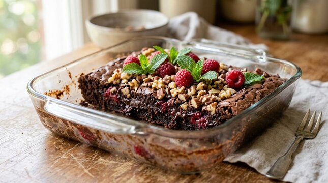 Decadent chocolate raspberry brownie in glass baking dish topped with crunchy nuts and fresh mint leaves, rustic wooden table setting, homemade dessert photography