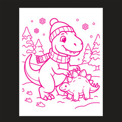 Dinosaur wearing a cozy winter hat and scarf plays in the snowy forest with a small stegosaurus friend for a seasonal coloring page design. © Rokibul
