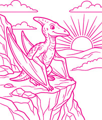 Pterodactyl sits perched on a high rocky cliff edge overlooking a scenic sunrise with fluffy clouds in the sky for a detailed coloring book illustration. © Rokibul