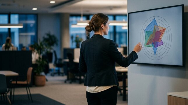 Professional businesswoman analyzing colorful radar chart on large screen in modern corporate office environment
