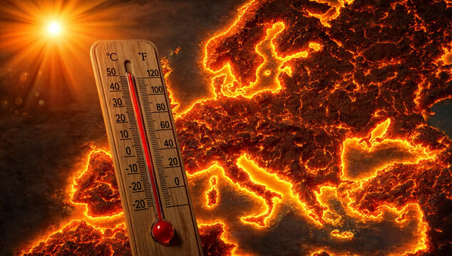 A wooden thermometer showing extreme heat over a burning map of Europe representing climate change.