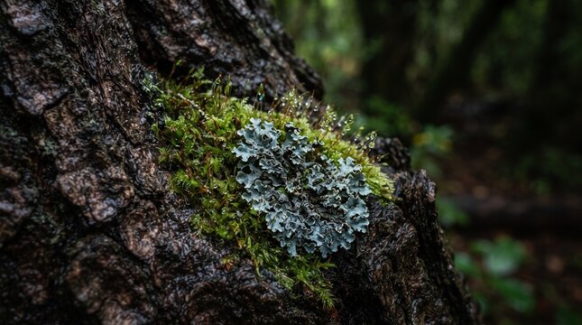 Macro Close Up of Moss and Lichen Growing on Wet Tree Bark in Forest, Natural Woodland Texture, Green Bryophytes, Forest Ecosystem with Soft Background