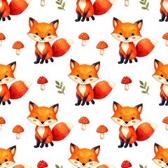 Fototapeta premium Colorful Kawaii Fox And Mushroom Seamless Pattern