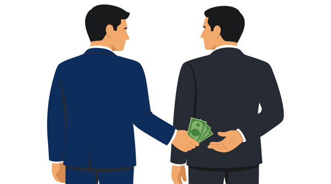 Two businessmen in suits secretly exchanging cash behind back, bold flat color vector illustration depicting bribery, corruption, and underhanded financial deal