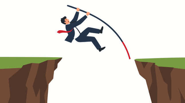 Businessman mid-fall while attempting to pole vault across a gap between two cliffs, bold flat colors vector illustration depicting failed risk-taking and career setback concept