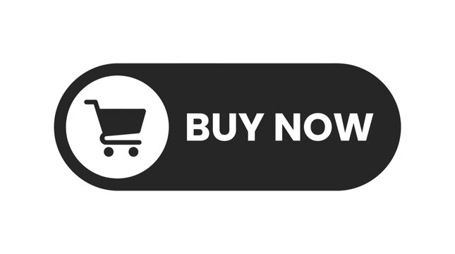 Buy now button featuring bold white text and a simple shopping cart icon set against a sleek black pill shape isolated on a plain background
