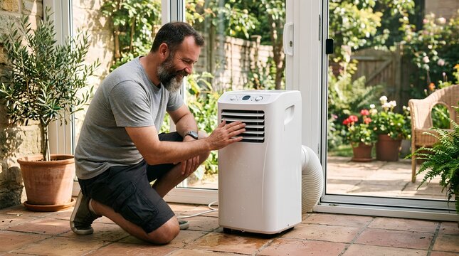 Bearded man in gray t-shirt kneeling beside a white portable air conditioning unit on a sunlit tiled patio, inspecting the appliance near glass doors with lush potted plants and blooming flowers in