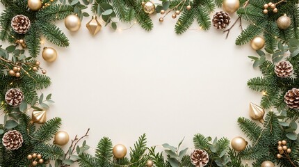 Fototapeta premium Festive holiday border with lush evergreen branches, sparkling golden baubles, and natural pinecones, creating a beautiful frame for winter designs and greeting cards