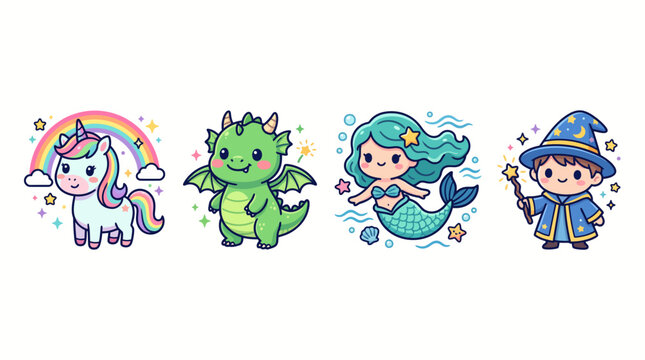 Cute Fantasy Characters Set Featuring Unicorn Dragon Mermaid and Wizard.