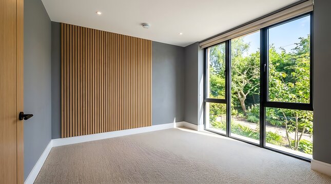 Interior of small empty room with gray and wooden walls, carpeted floor and large window. Concept of interior design