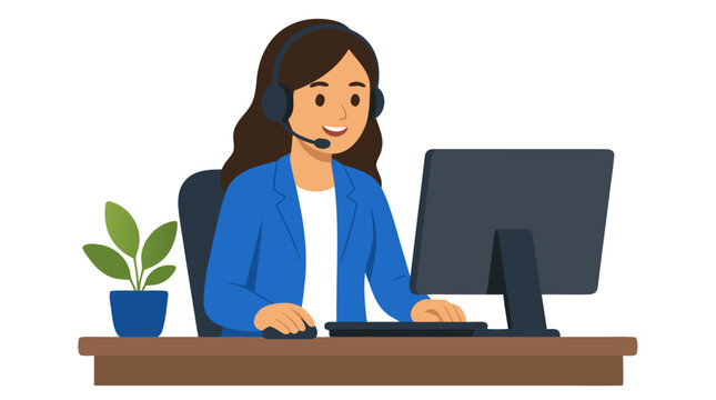 Friendly female customer service representative wearing headset at office desk working on desktop computer, bold flat colors vector illustration, isolated on clean white background, modern