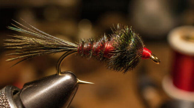 Detailed Macro Shot of Hand Tied Fishing Fly with Peacock Feathers and Red Thread