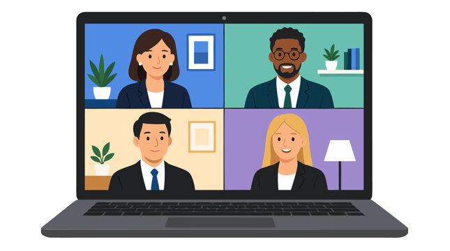 Vector illustration of four diverse business professionals in 2x2 video call grid on laptop screen, remote online meeting, flat cartoon style, modern workplace, diverse team collaboration