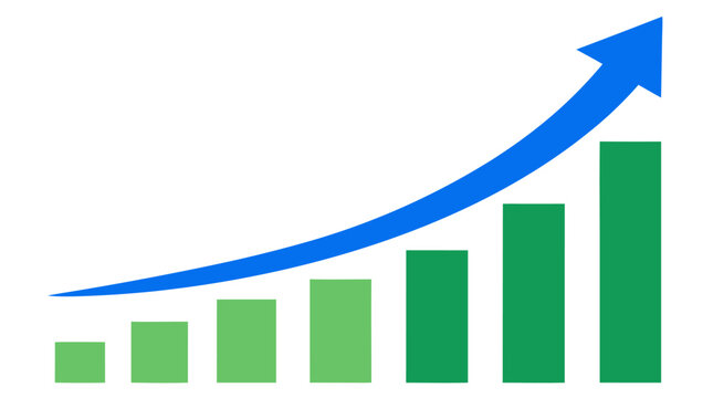 Ascending bar chart with rising blue exponential arrow over green columns showing business growth, profit increase, and upward financial trajectory on clean white background, bold flat design