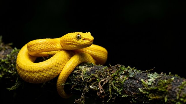 Yellow Tree Viper Resting on Moss Covered Branch