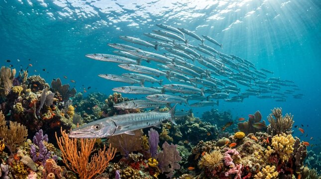 School of sleek silver barracuda fish swimming tightly together above a vibrant tropical coral reef in crystal clear turquoise ocean water with sunlight rays penetrating the sea