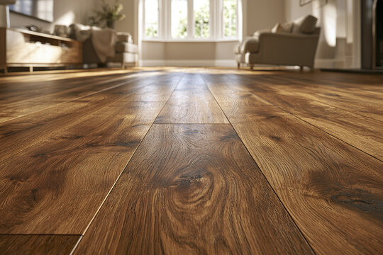 Wide plank hardwood flooring with natural wood grain texture in bright living room with soft sunlight and cozy furniture