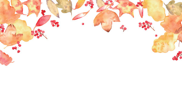 水彩秋フレーム＆紅葉素材セット｜落ち葉・もみじ・どんぐり・秋の植物・背景・コピースペース
Watercolor Autumn Frame and Fall Leaves Collection Set with Copy Space
