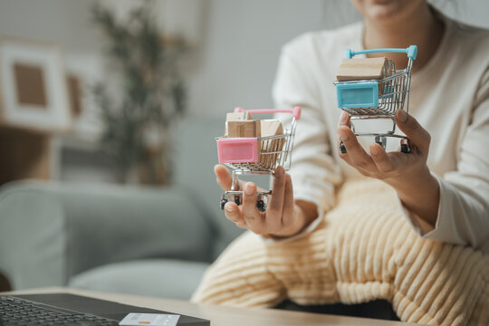 This focused image brings together shopping comparison, two shopping carts, and consumer choice. It conveys practical choices, organized planning, everyday money management, and financial awareness.
