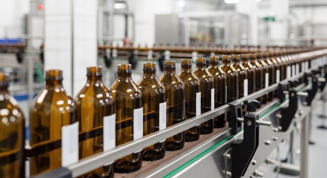 Rows of amber glass bottles move smoothly along a stainless steel conveyor belt inside a clean, sterile industrial manufacturing plant, assembly, motion, production