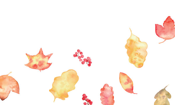 水彩秋フレーム＆紅葉素材セット｜落ち葉・もみじ・どんぐり・秋の植物・背景・コピースペース
Watercolor Autumn Frame and Fall Leaves Collection Set with Copy Space
