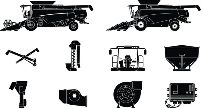 Combine harvester silhouette, agricultural machinery icons, and farming vehicle parts vector illustration