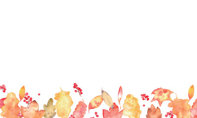 Fototapeta premium 水彩秋フレーム＆紅葉素材セット｜落ち葉・もみじ・どんぐり・秋の植物・背景・コピースペース Watercolor Autumn Frame and Fall Leaves Collection Set with Copy Space 