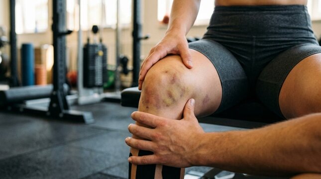 Close-up of athlete's knee with visible bruising and discoloration, two hands gently holding the injured joint in a gym setting, concept of sports injury