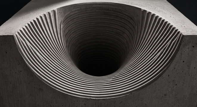 Monochrome architectural detail showing a concentric ribbed hole in a cement structure.