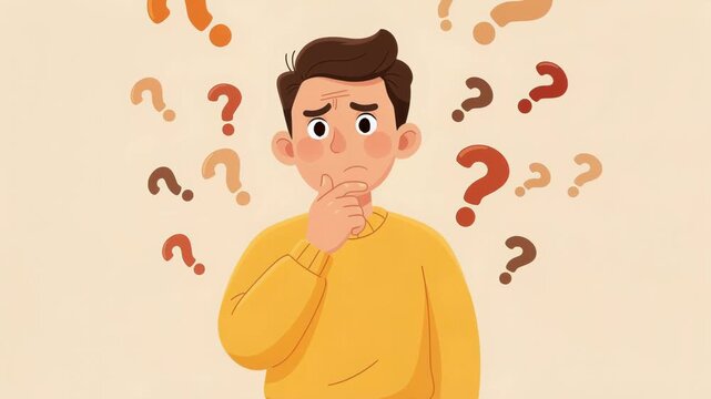 Confused young man surrounded by question marks expressing doubt and uncertainty