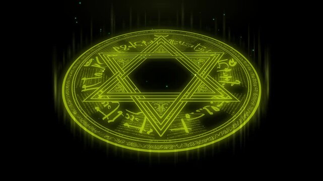 Magic circle summoning ritual animation, citrine yellow green hexagram with runes igniting as a light wave sweeps across the floor, 4K luma key overlay on black background